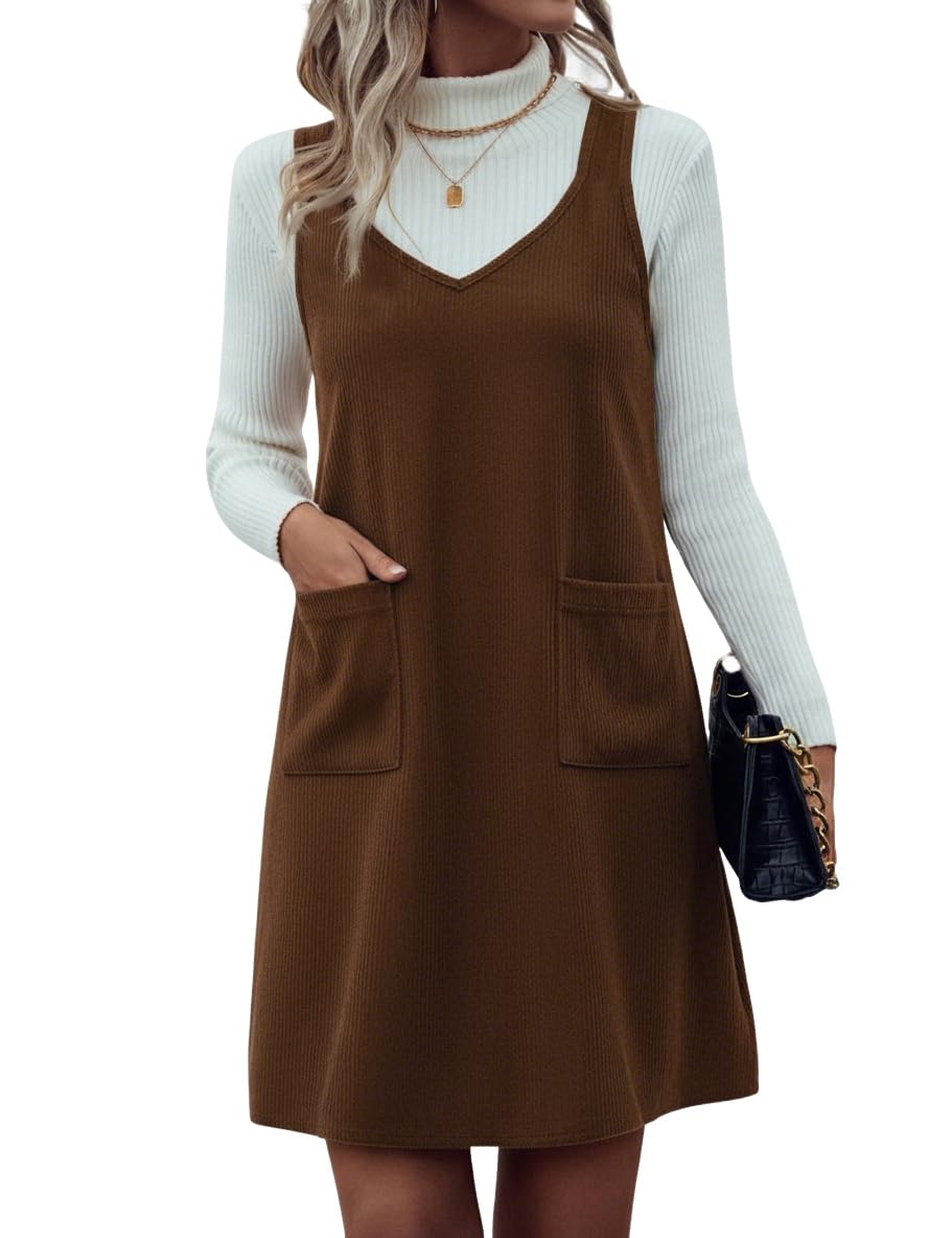 IDEALSANXUN Plaid Overall Dress for Women Fall Winter Sleeveless Plaid Dresses with Pockets