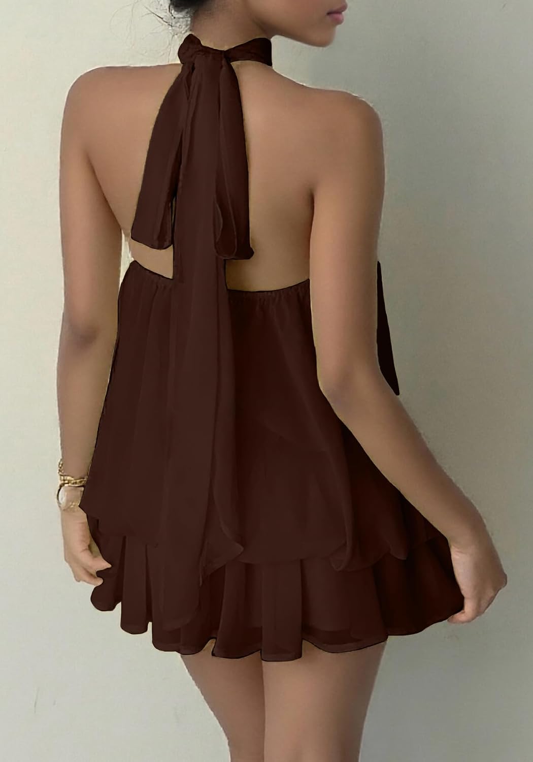 SHINFY Women's Chiffon Halter Flowy Ruffle Backless Birthday Mini Dress