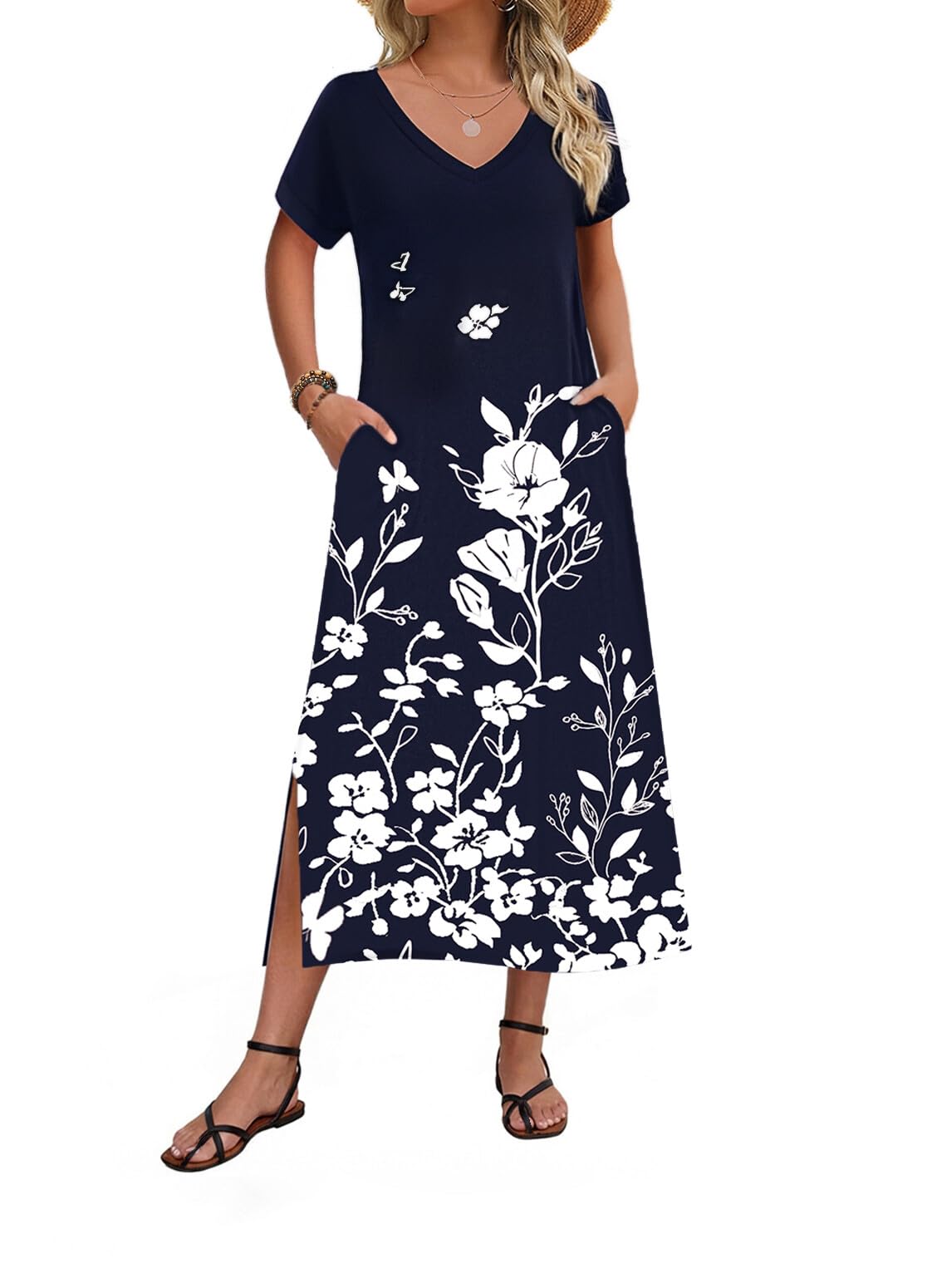 Zeagoo Women Summer Floral Dress Short Sleeve Beach Dress with Pockets Casual V-Neck Split Long T-Shirt Dress Travel Vacation