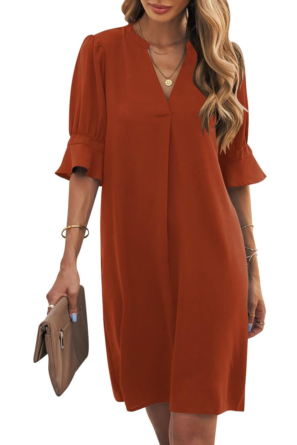Wkior Womens Summer Ruffle Short Sleeve V Neck Shift Dress