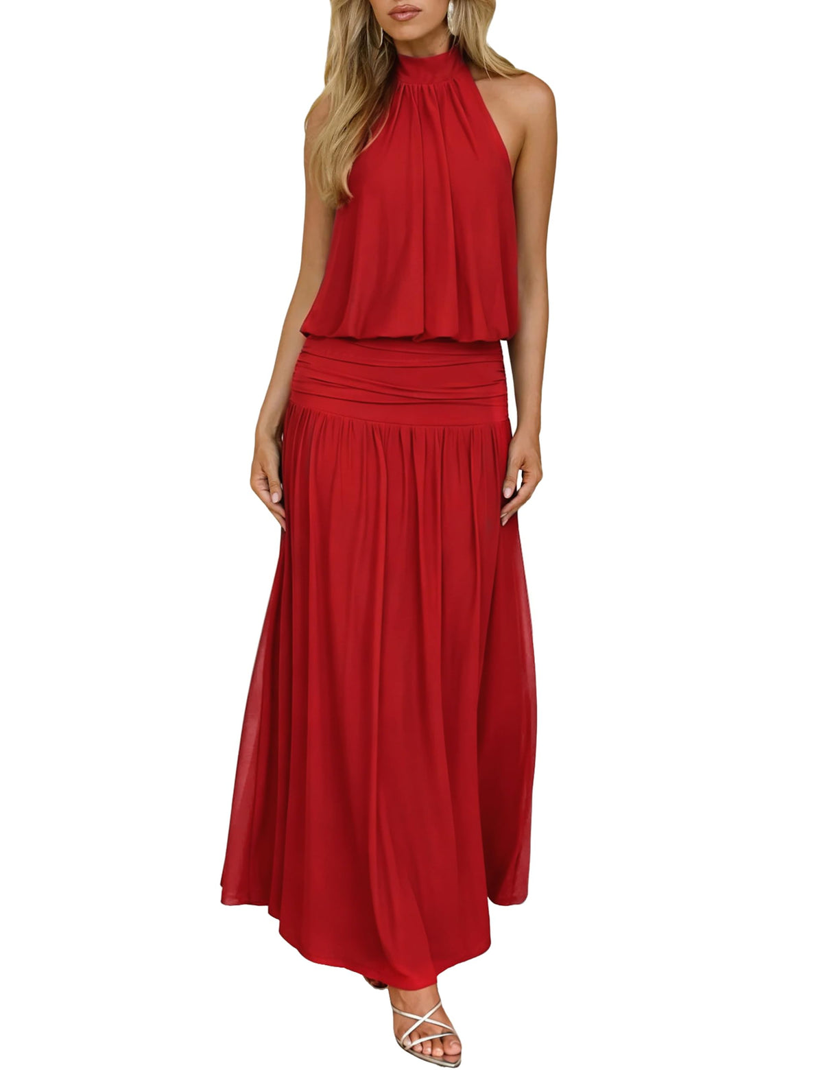 OYS Women's Elegant Sleeveless Halter Neck Ruched Cocktail Long Dress