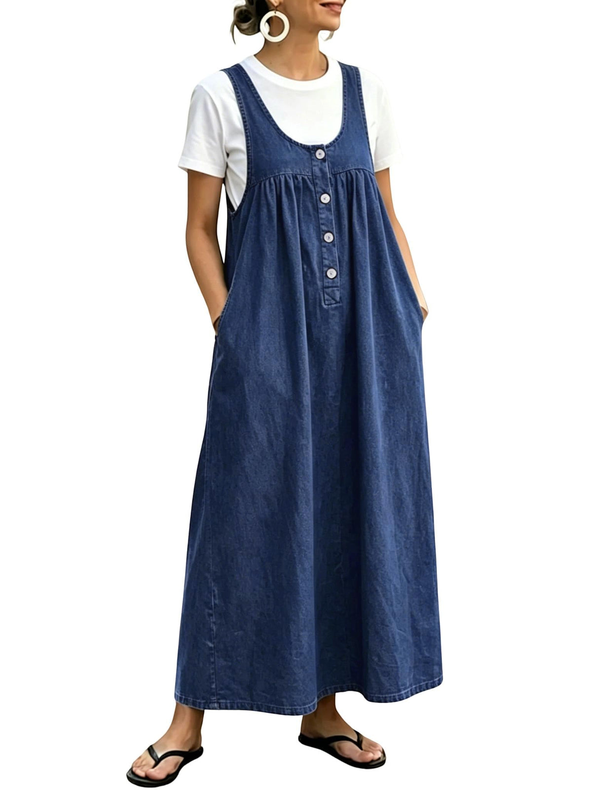 chouyatou Women's Pullover Denim Overall Dress Mid Long Button Front Pinafore Bib Jean Dress With Pockets