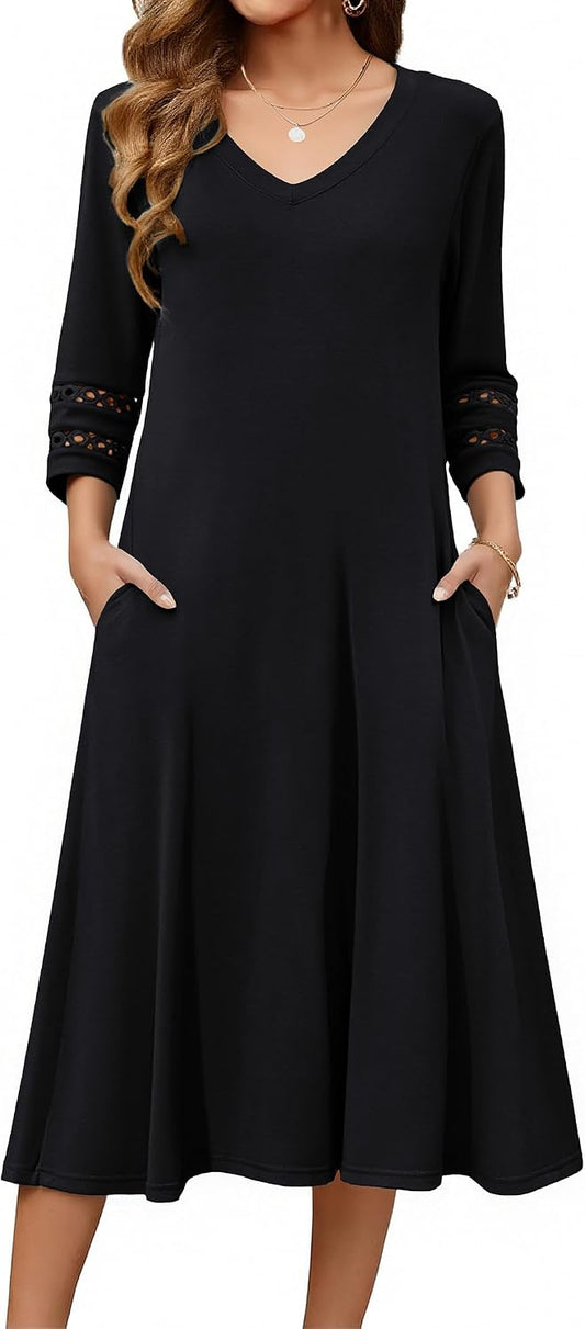 Zeagoo Women's Dresses 3/4 Sleeve Casual V-Neck A Line Eyelet Midi Dress