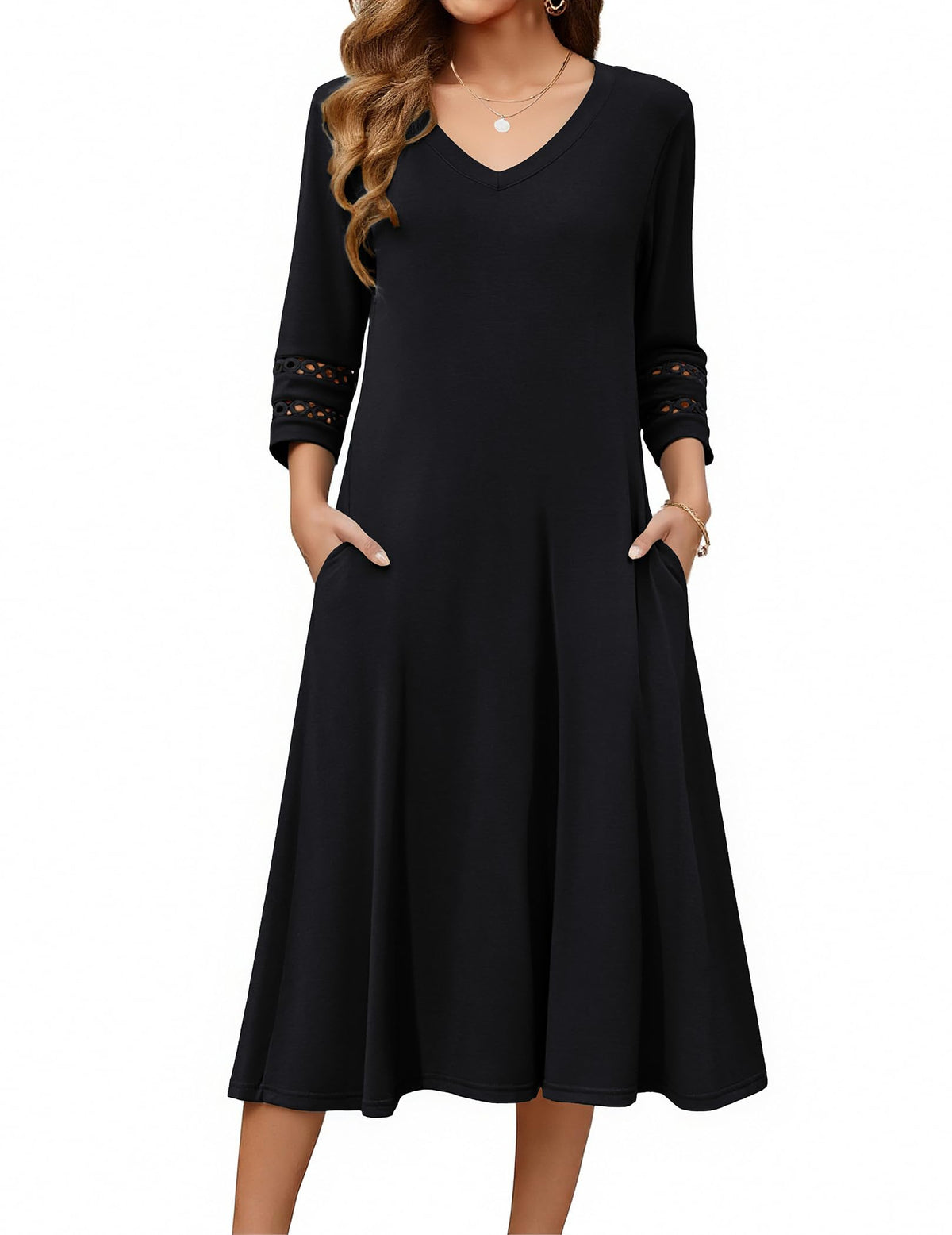 Zeagoo Women's Dresses 3/4 Sleeve Casual V-Neck A Line Eyelet Midi Dress