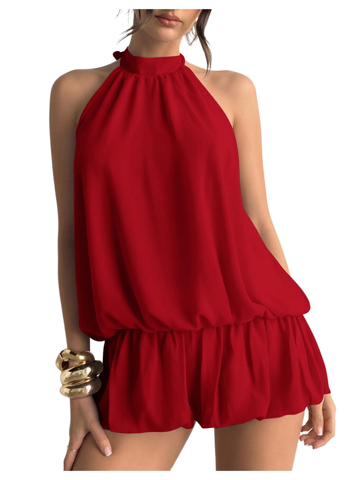 Floerns Women Backless Sleeveless Ruffle Bubble Hem Mesh Halter Mini Dress
