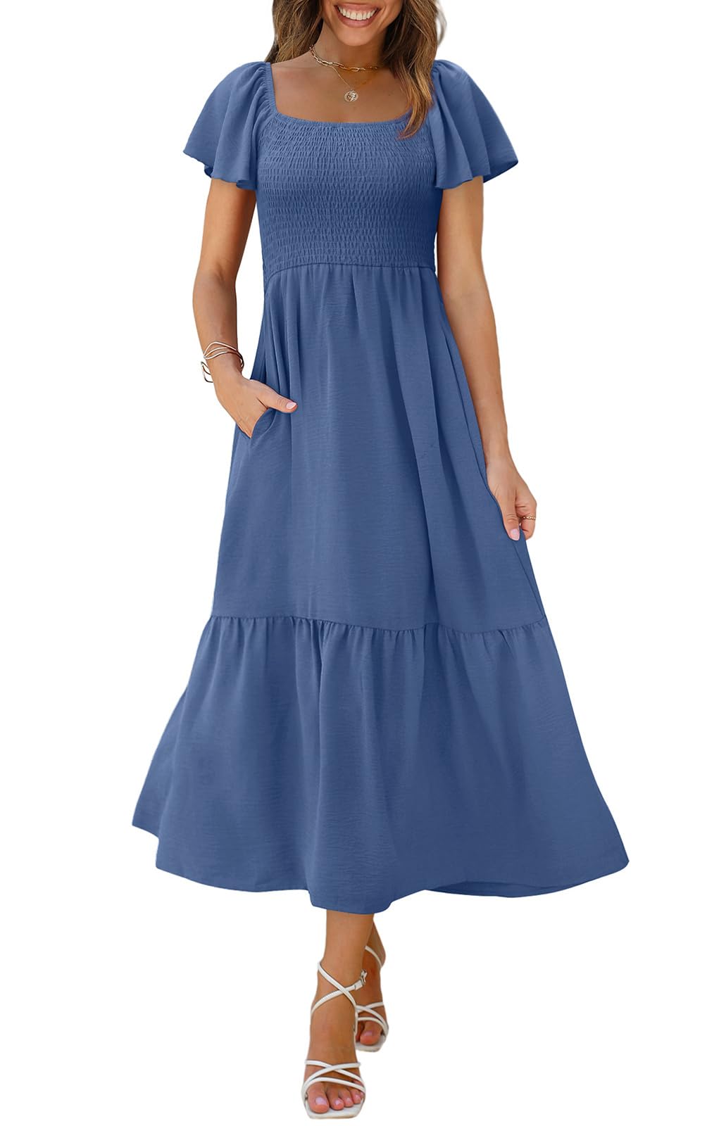 OFEEFAN Summer Dresses for Women Square Neck Ruffle Sleeve Smocked Maxi Dress with Pockets