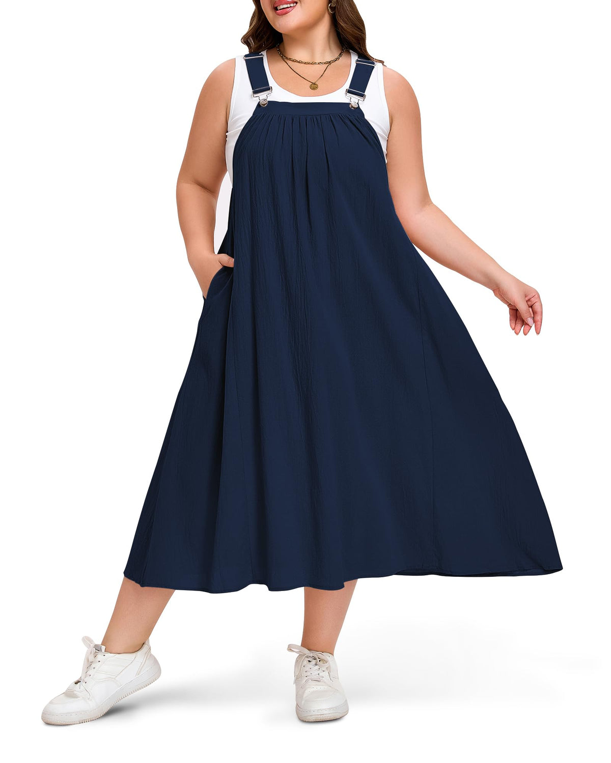 Moon Wood Plus Size Cotton Overall Dress for Women Casual Maxi Dress Adjustable Strap Jumper Dress with Pockets