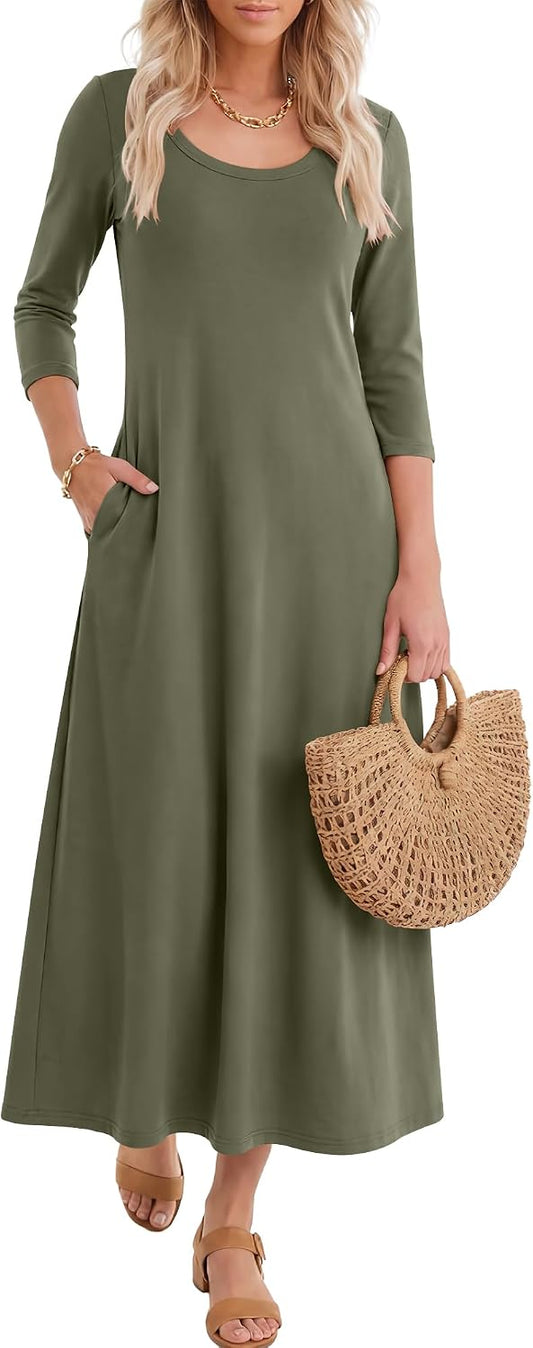 ANRABESS Womens 3/4 Sleeve Scoop Neck Casual Maxi Dress