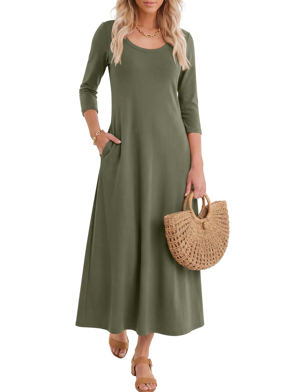 ANRABESS Womens 3/4 Sleeve Scoop Neck Casual Maxi Dress