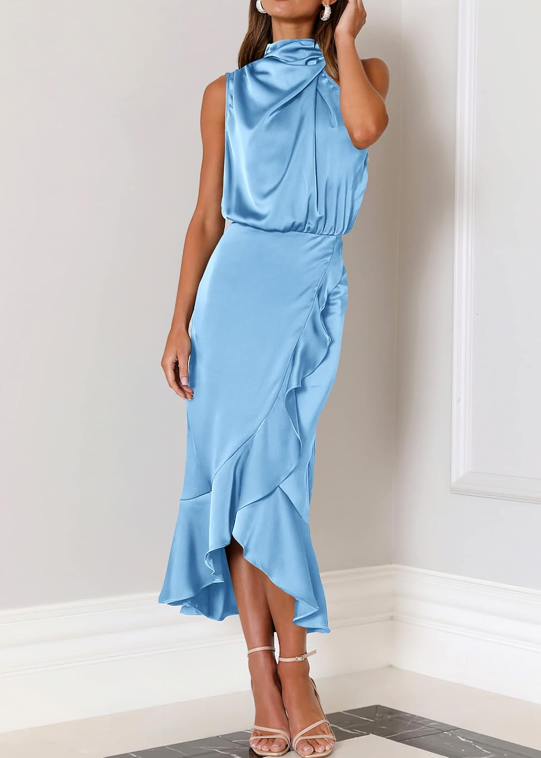 KIRUNDO Women's Summer Satin Mock Neck Wedding Guest Dress