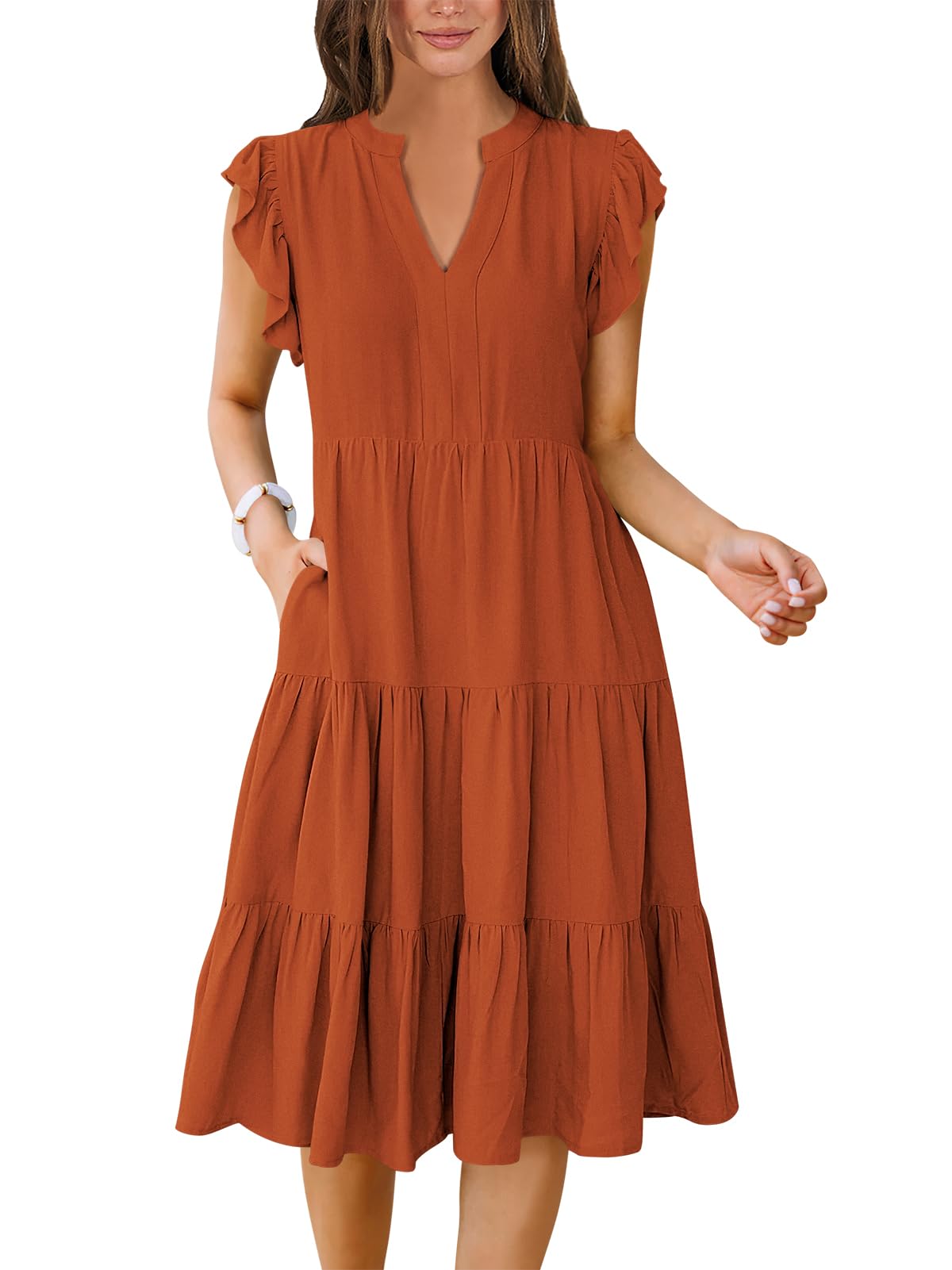 ANRABESS Womens Summer Dress Ruffle Sleeve V Neck Midi Dresses