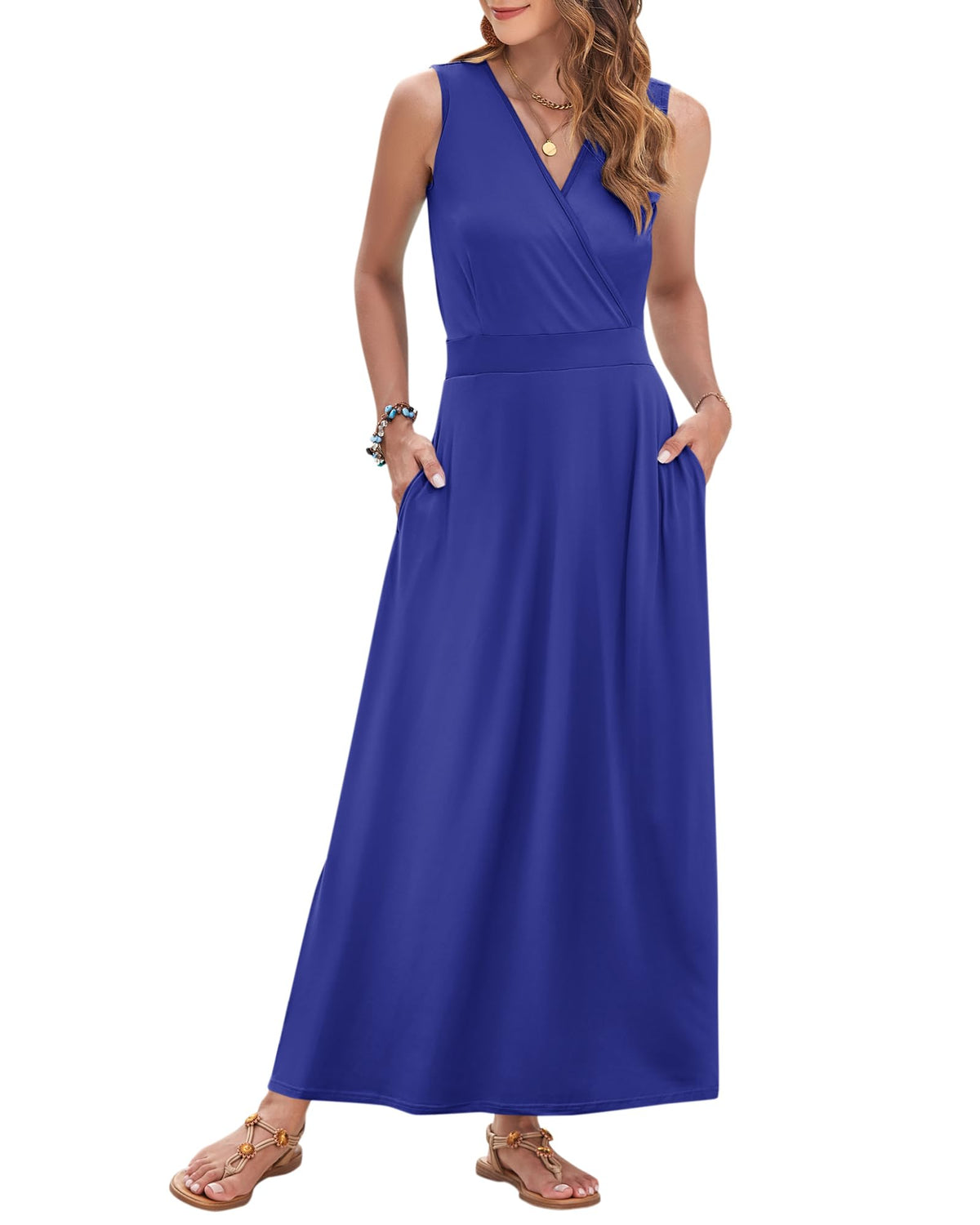 AUSELILY Womens Maxi Dress Summer Sleeveless Wrap Long Dresses with Pockets