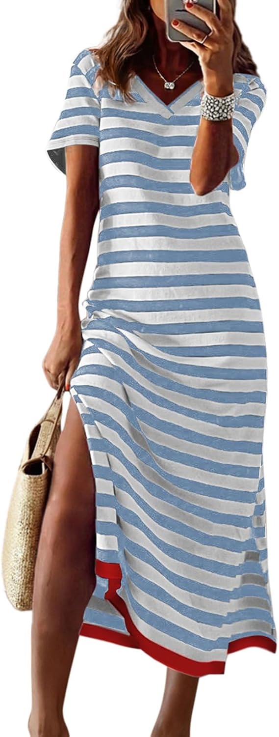 Dokotoo Womens 2026 Short Sleeve Maxi Dress Striped Split T Shirt Dress