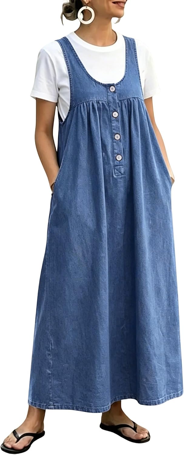 chouyatou Women's Pullover Denim Overall Dress Mid Long Button Front Pinafore Bib Jean Dress With Pockets