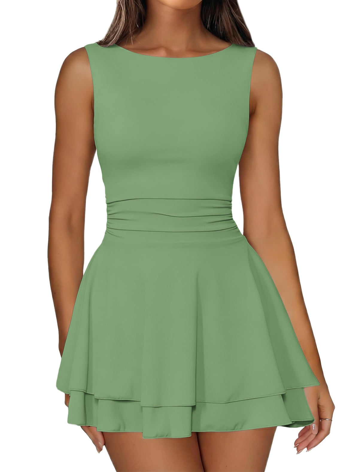 IWD Women's Boat Neck Sleeveless Mini Dress Tiered Ruffle Hem Party Dresses