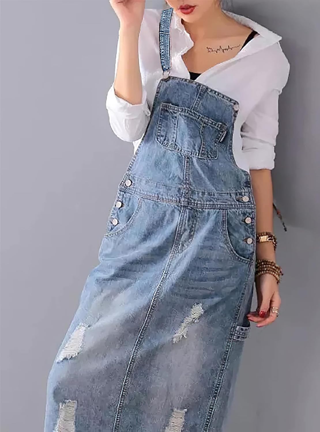 chouyatou Women's Adjustable Strap Distressed Denim Overall Dress A-Line Pinafore Jean Dress with Split