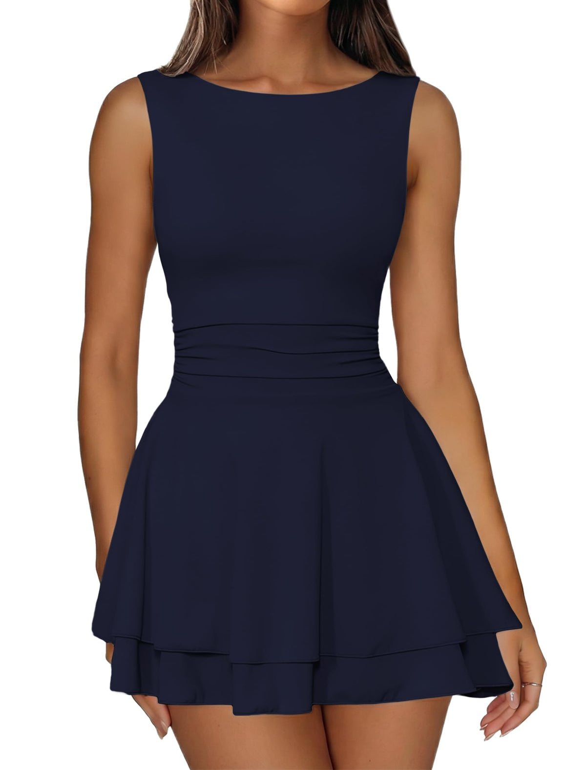 IWD Women's Boat Neck Sleeveless Mini Dress Tiered Ruffle Hem Party Dresses