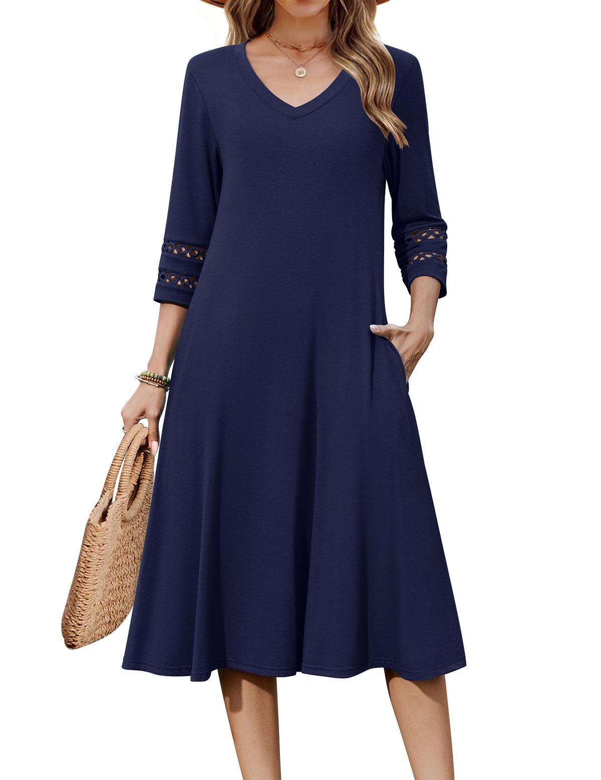 Zeagoo Women's Dresses 3/4 Sleeve Casual V-Neck A Line Eyelet Midi Dress