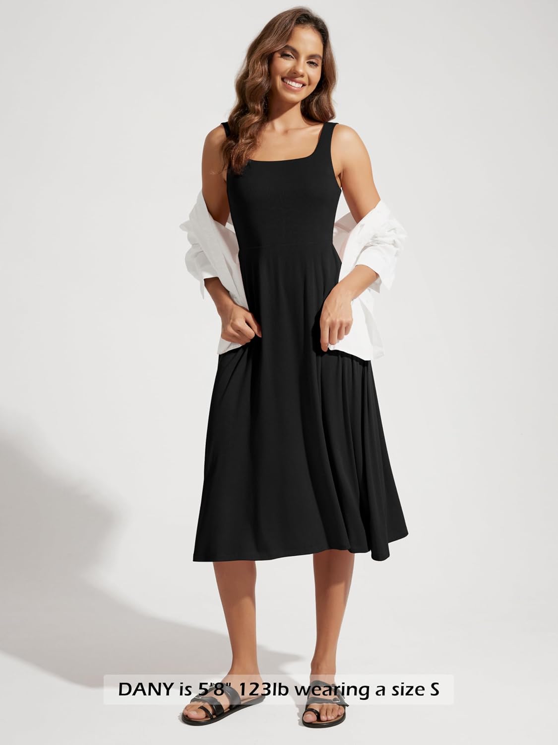 ODODOS Square Neck Midi Dress with Pockets for Women Summer Casual Sleeveless Sundress Flare Tank Dress