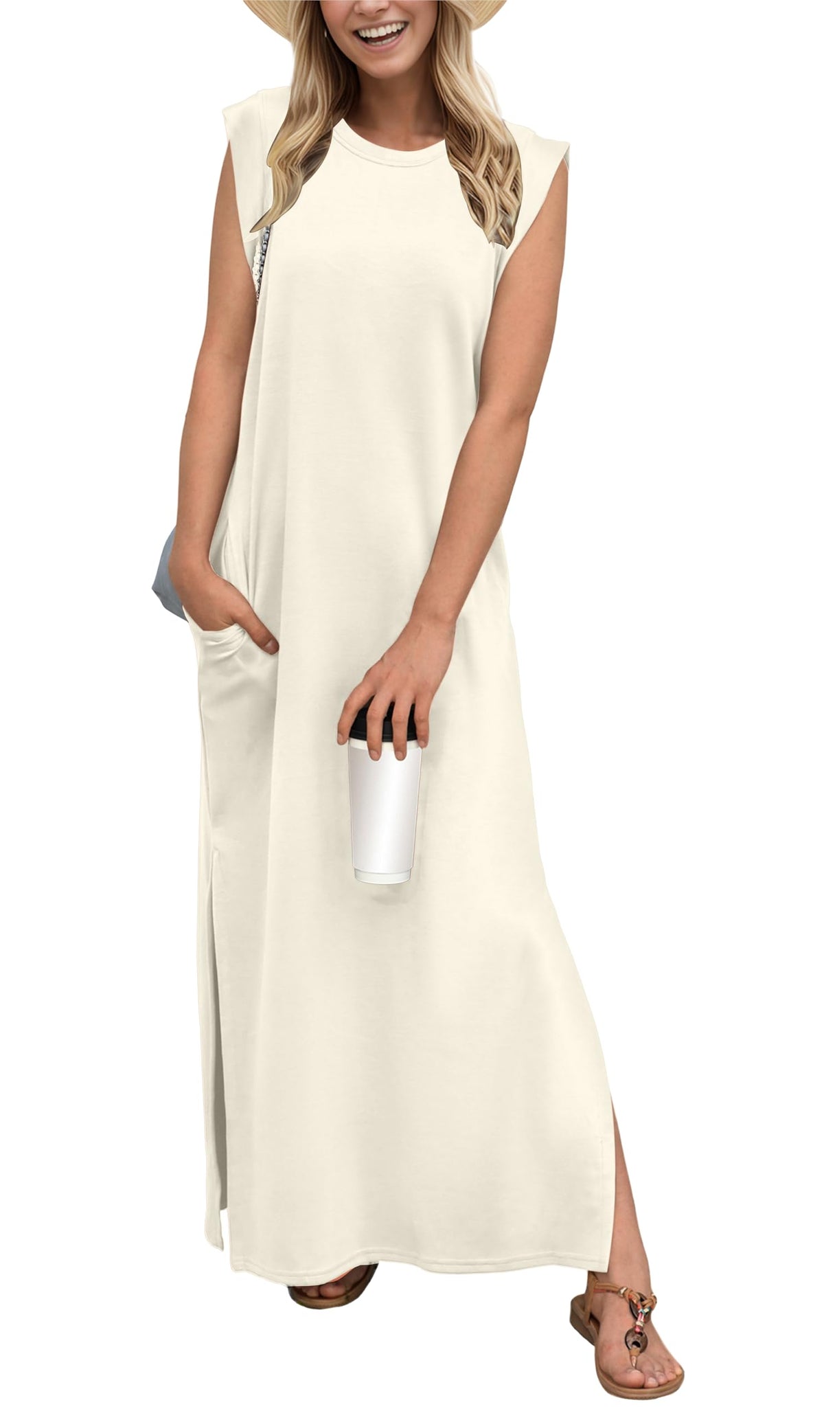 GRECERELLE 2026 Women Year-Round Casual Round Neck Loose Split Wrinkle-Free Long Maxi Vacation Dress with Pockets (XXS-4XL)