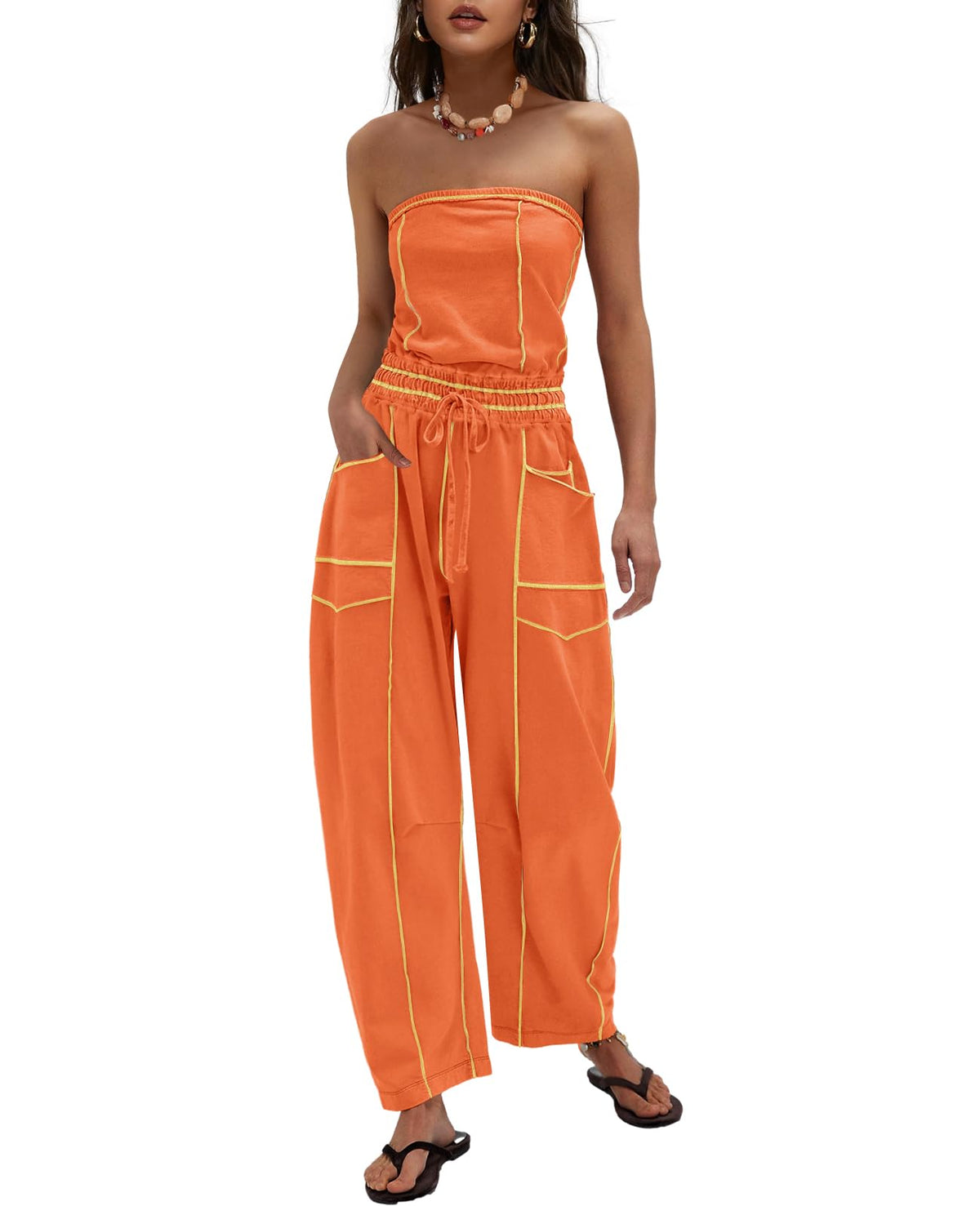 LAMISSCHE Womens Casual Strapless Jumpsuits off the Shoulder Summer Rompers Sleeveless One Piece Outfits with Pockets