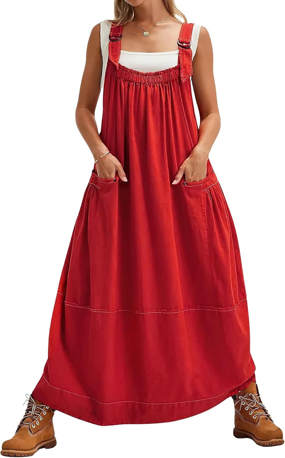 chouyatou Women's Cargo Overall Dress Sleeveless Adjustable Strap Safari Maxi Jumper Dress with Pockets