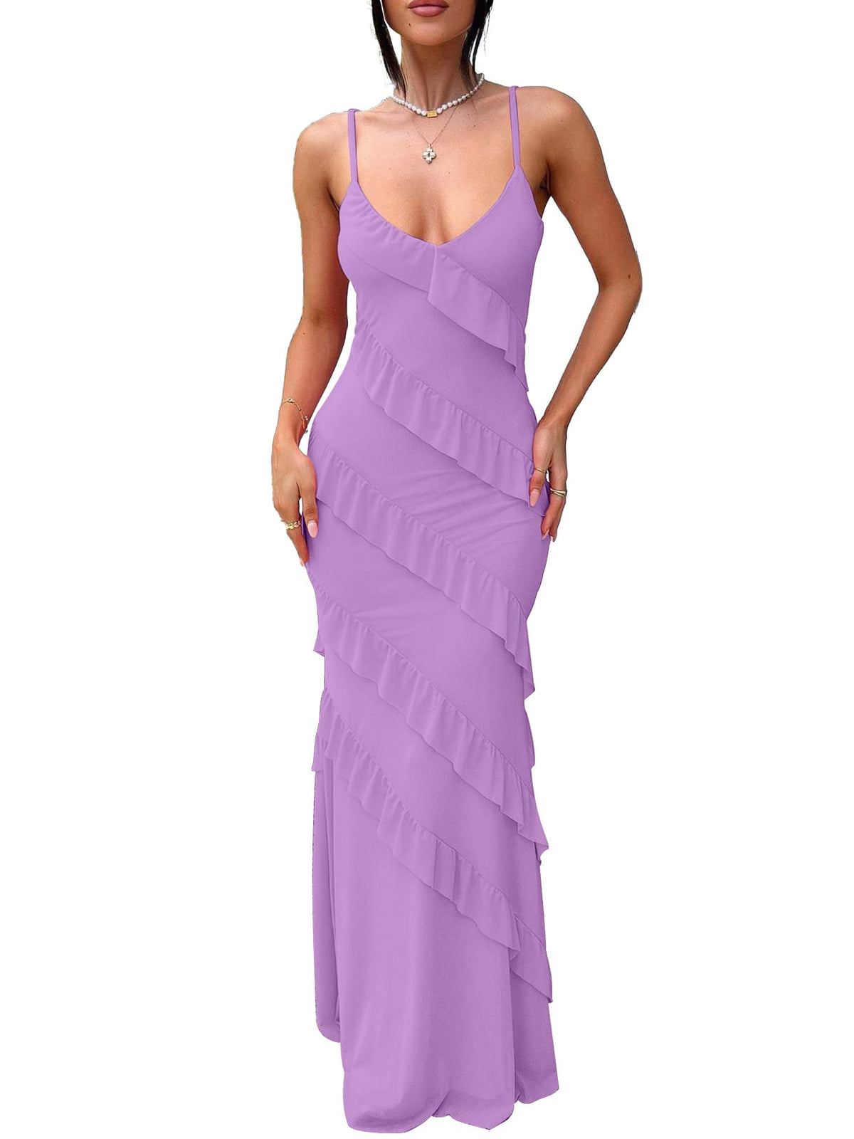 HOCILLE Women's Sexy V Neck Mesh Bodycon Wedding Guest Cocktail Maxi Dress