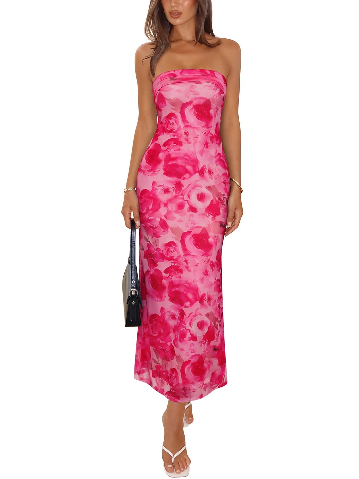 REORIA Women's 2026 Summer Floral Mesh Strapless Midi Dress Backless Beach Wedding Guest Cocktail Party Dresses