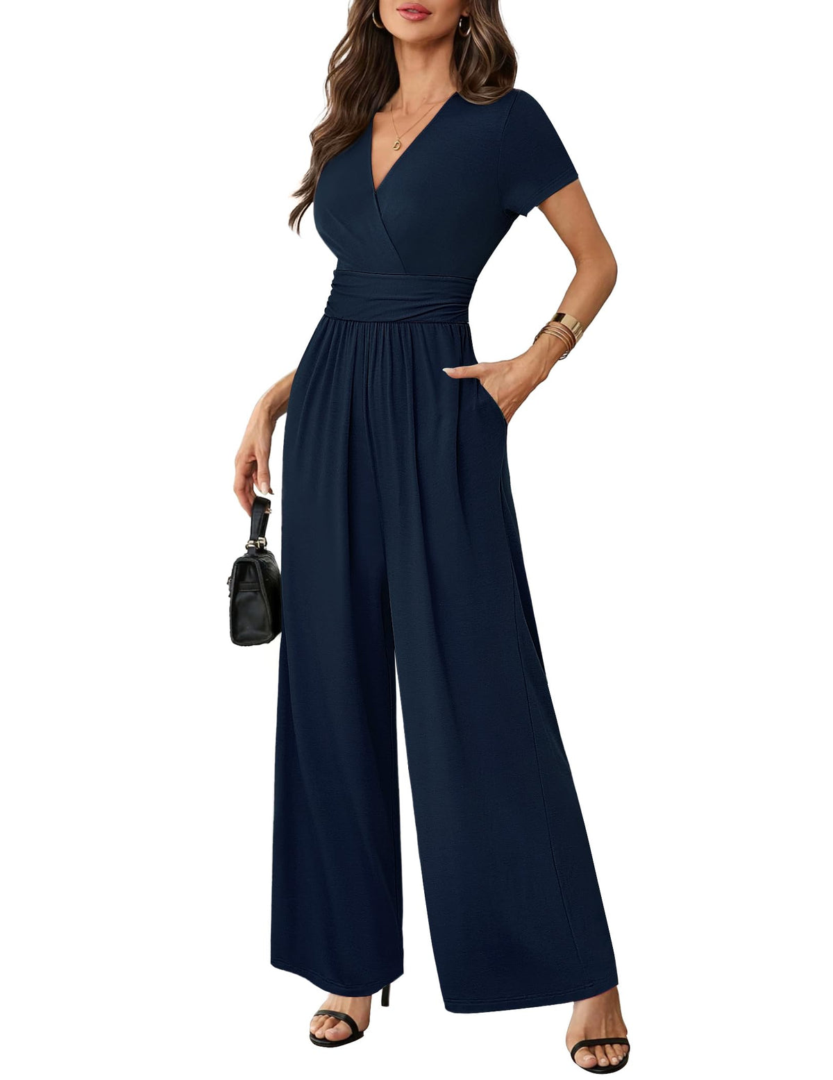 LOOKBOHO Women Jumpsuits Dressy Casual Short Sleeve Wide Leg Pants Rompers
