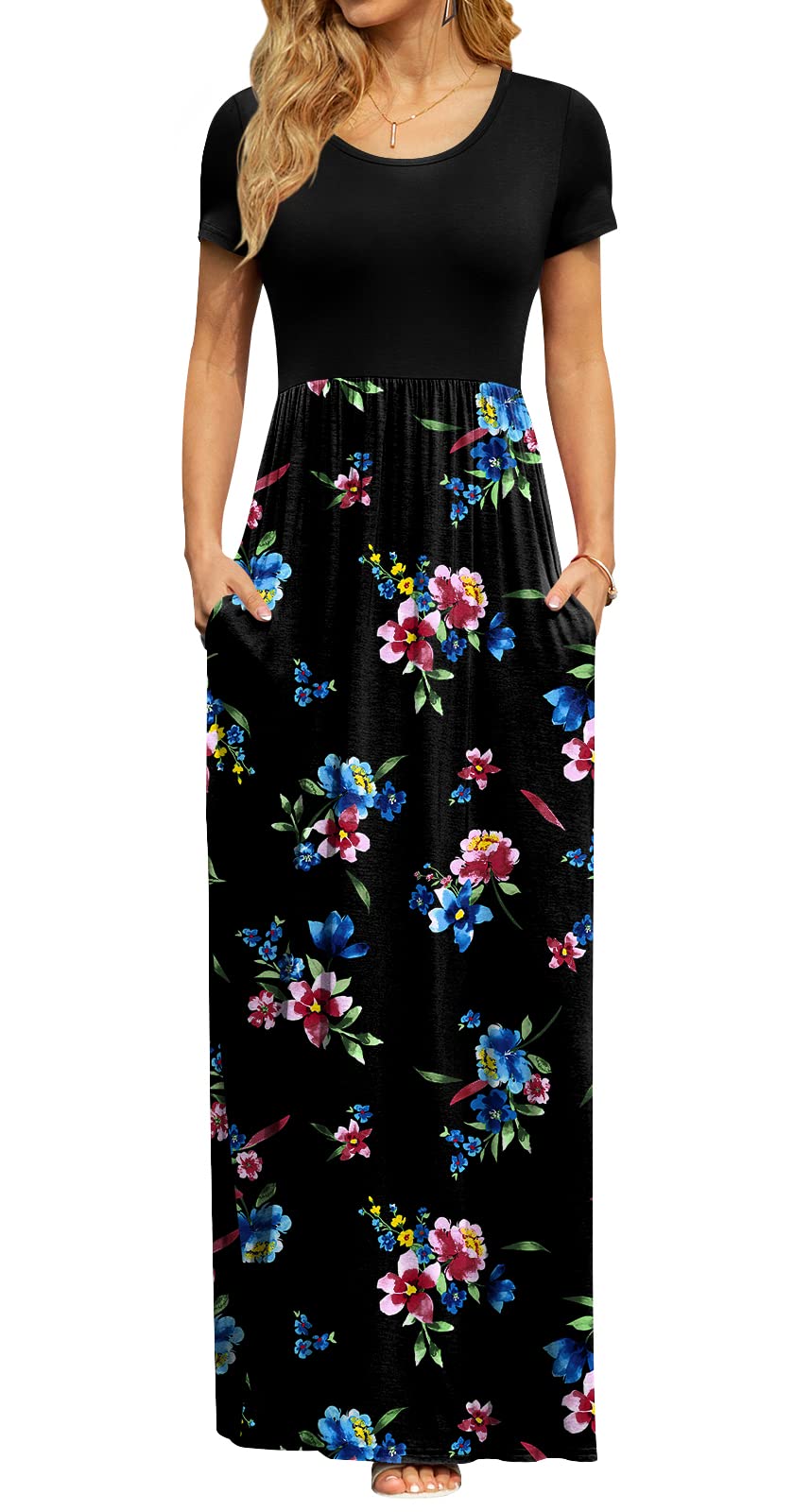 DB MOON Women's Summer Maxi Dress Casual Short Sleeve Empire Waist Pockets