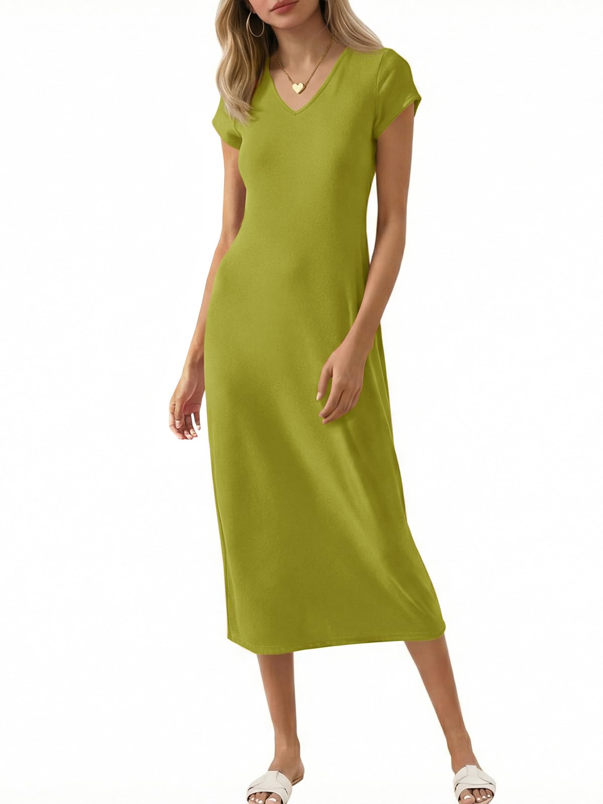 Wenrine Womens Short Sleeve T-Shirt Dress V Neck Summer Casual Midi Dresses