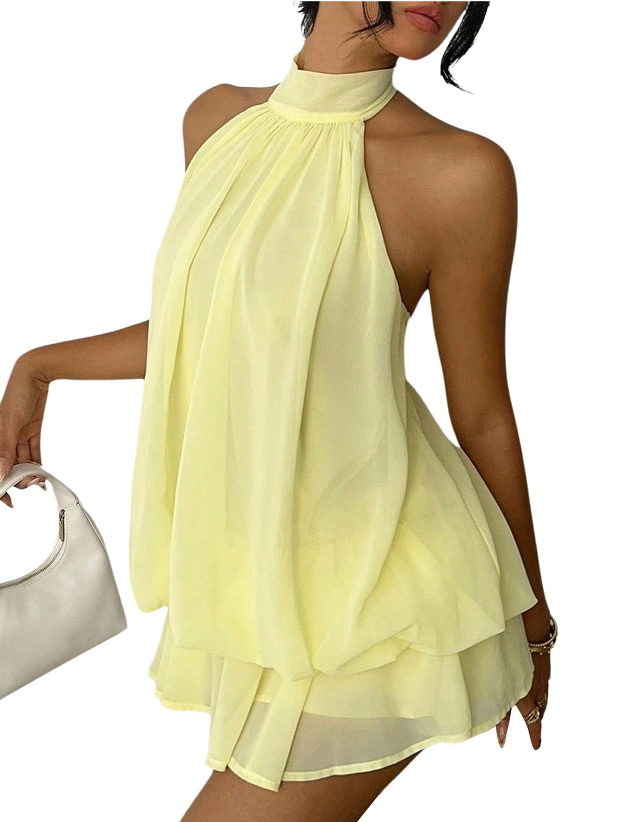 Verdusa Women's Chiffon Halter Drop Waist Flowy Wedding Guest Mini Dresses