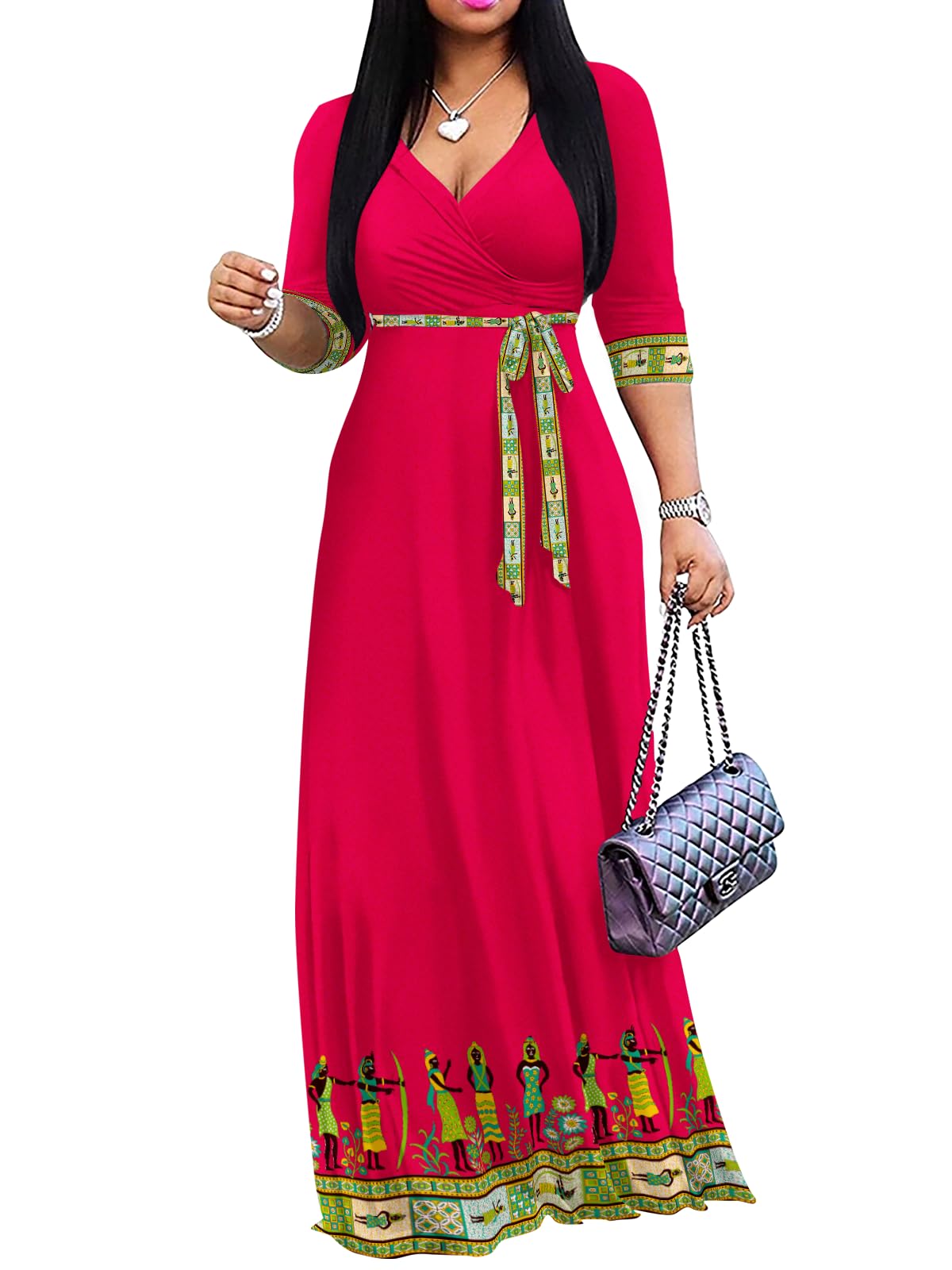 Yajedo Womens Casual Summer Maxi Dress Plus Size Sexy Wrap V Neck 3/4 Sleeve Sundress with Pockets