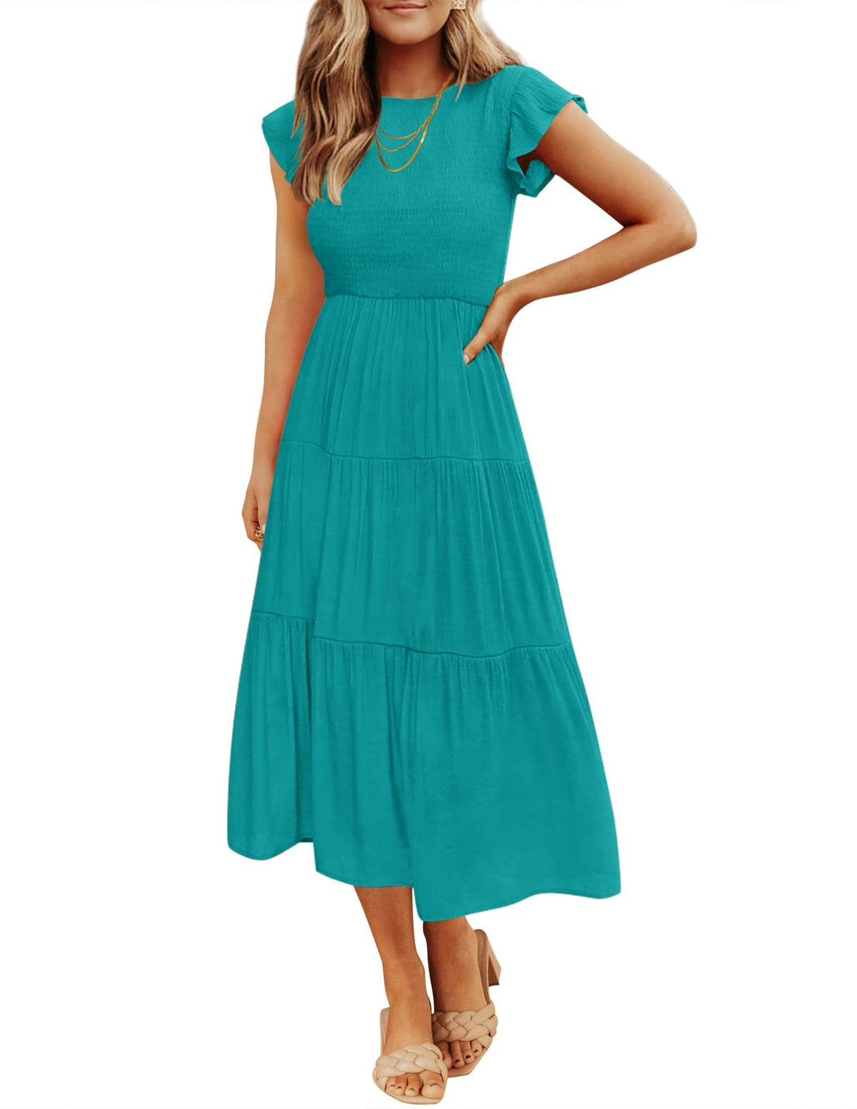 ZESICA Women's 2026 Summer Casual Flutter Short Sleeve Smocked Midi Dress