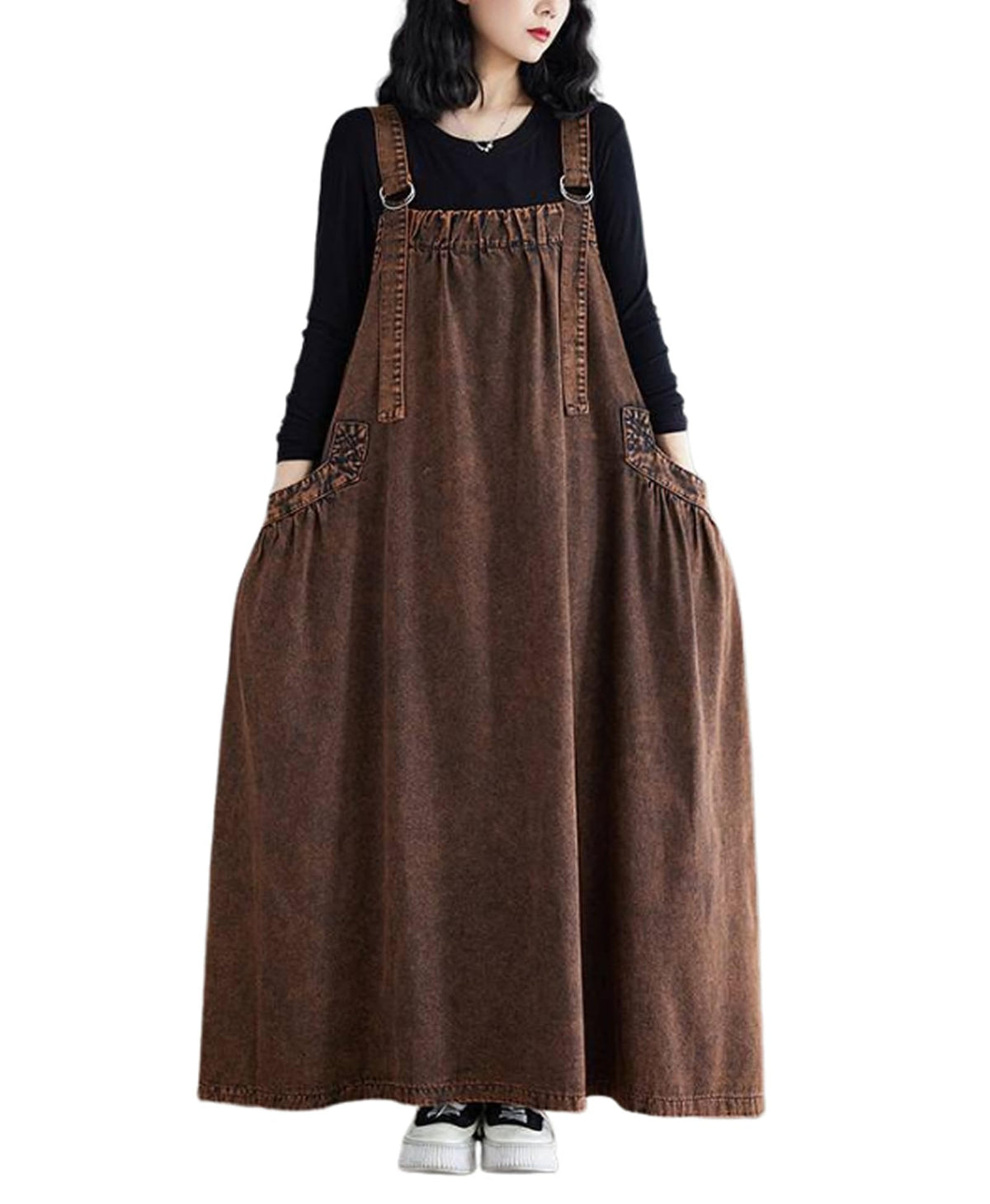 Women's Casual Loose Denim Dress Sleeveless Adjustable Straps Denim Jumper Dress with Pockets