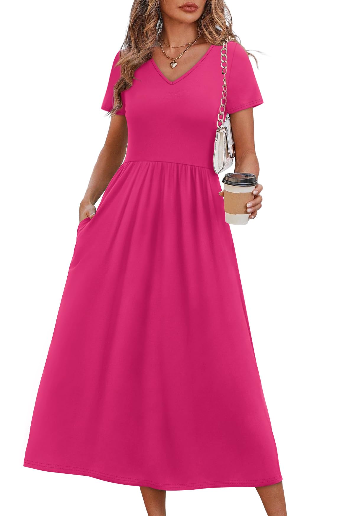 OFEEFAN Summer Dresses for Women Flowy Casual A-Line Midi Dress Beach Vacation Sundresses with Pockets S-2XL