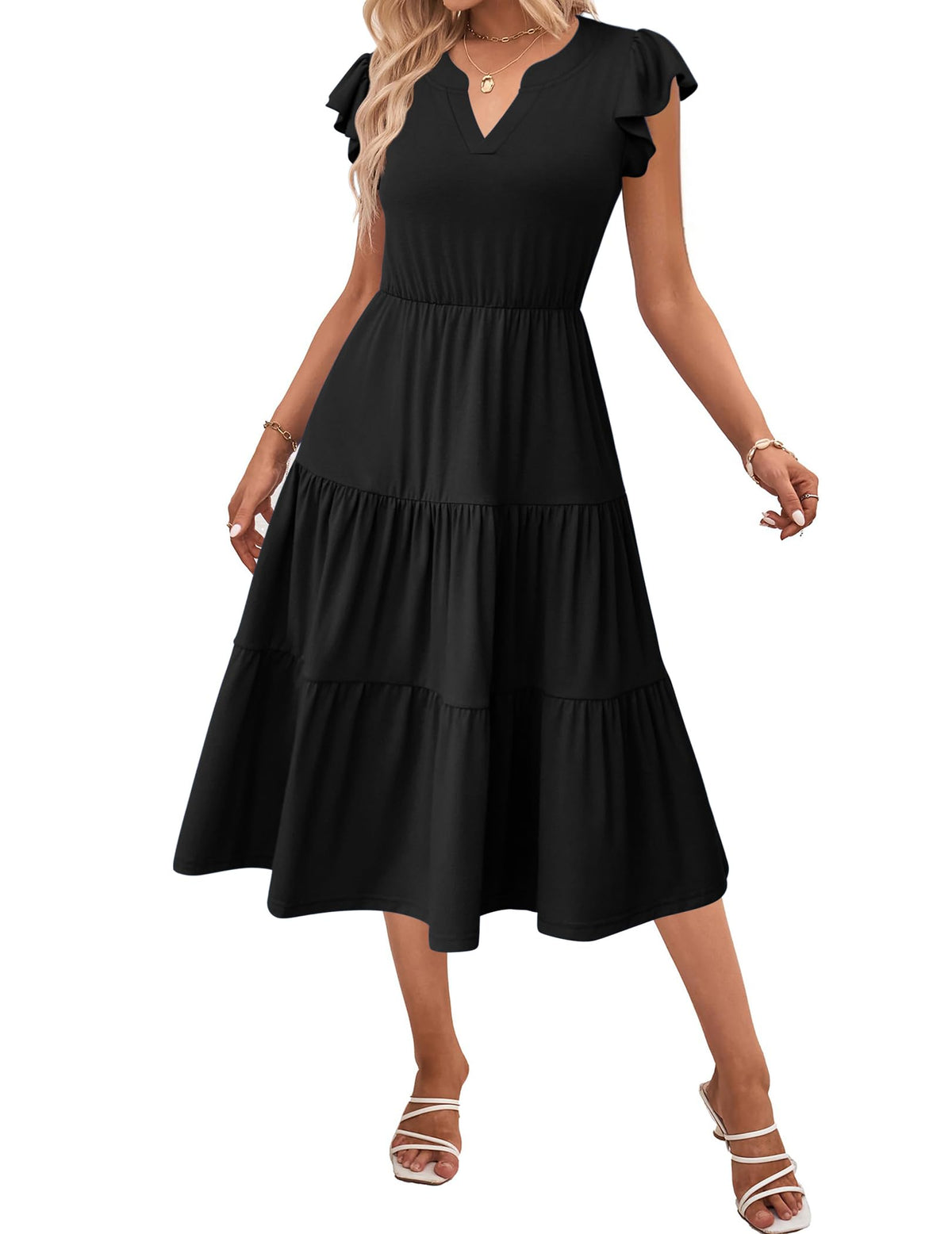 ZEAGOO Womens Summer Casual Dresses Ruffle Sleeve V Neck Midi Dress Flowy Tiered Dress with Pockets Boho Sundresses