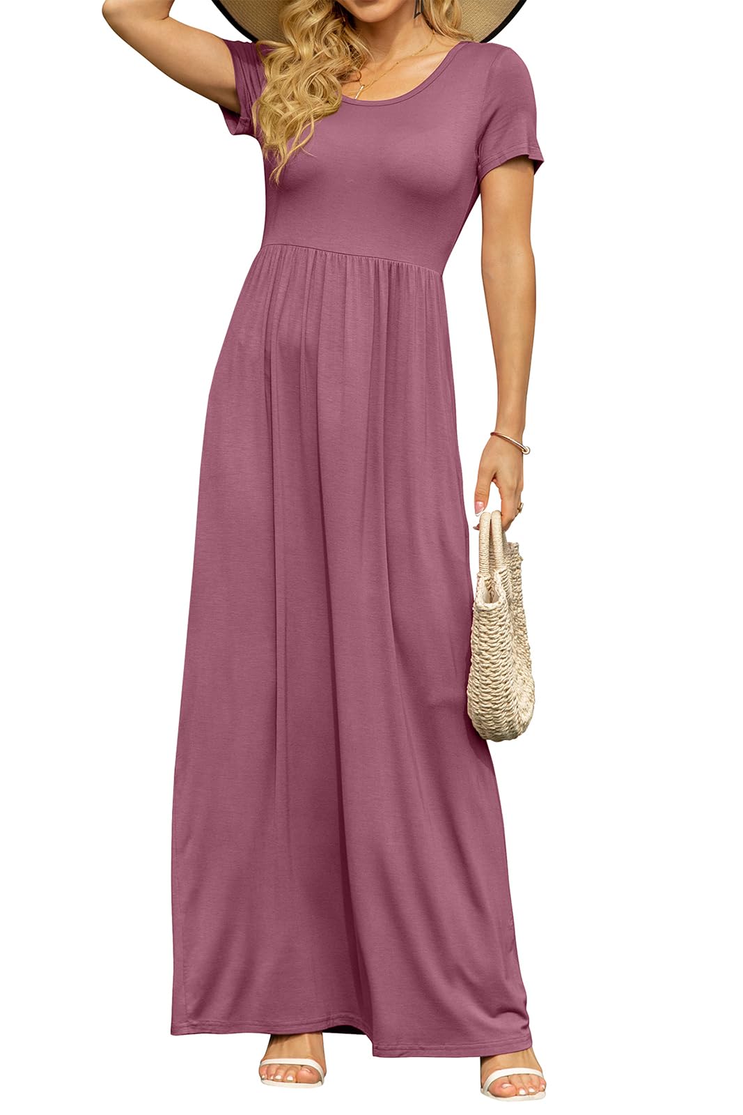 DB MOON Women's Summer Maxi Dress Casual Short Sleeve Empire Waist Pockets