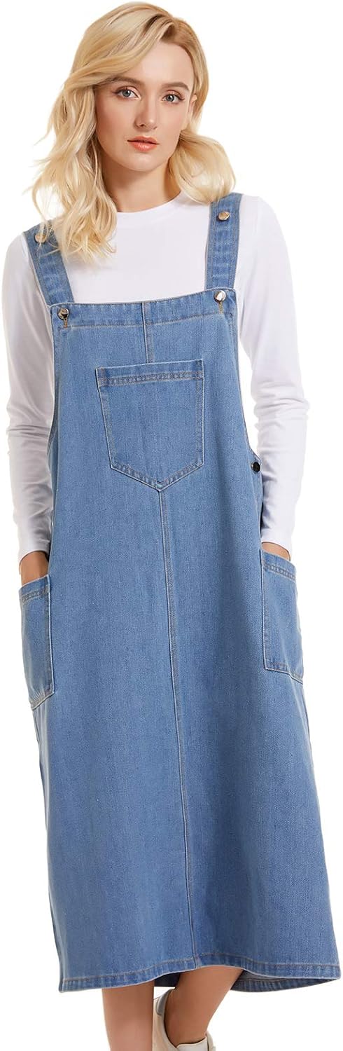 Spanye Women Denim Dress Baggy Overalls Jumpsuit Casual Bib A-Line Dress Rompers With Pockets