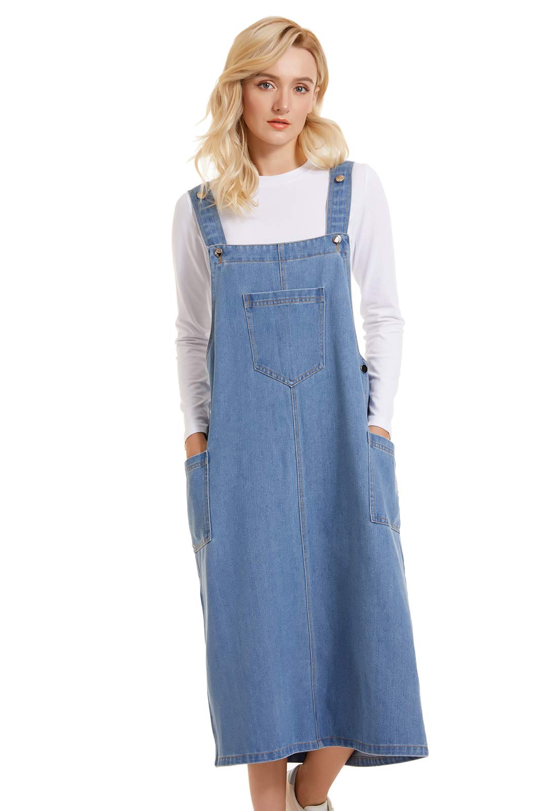 Spanye Women Denim Dress Baggy Overalls Jumpsuit Casual Bib A-Line Dress Rompers With Pockets
