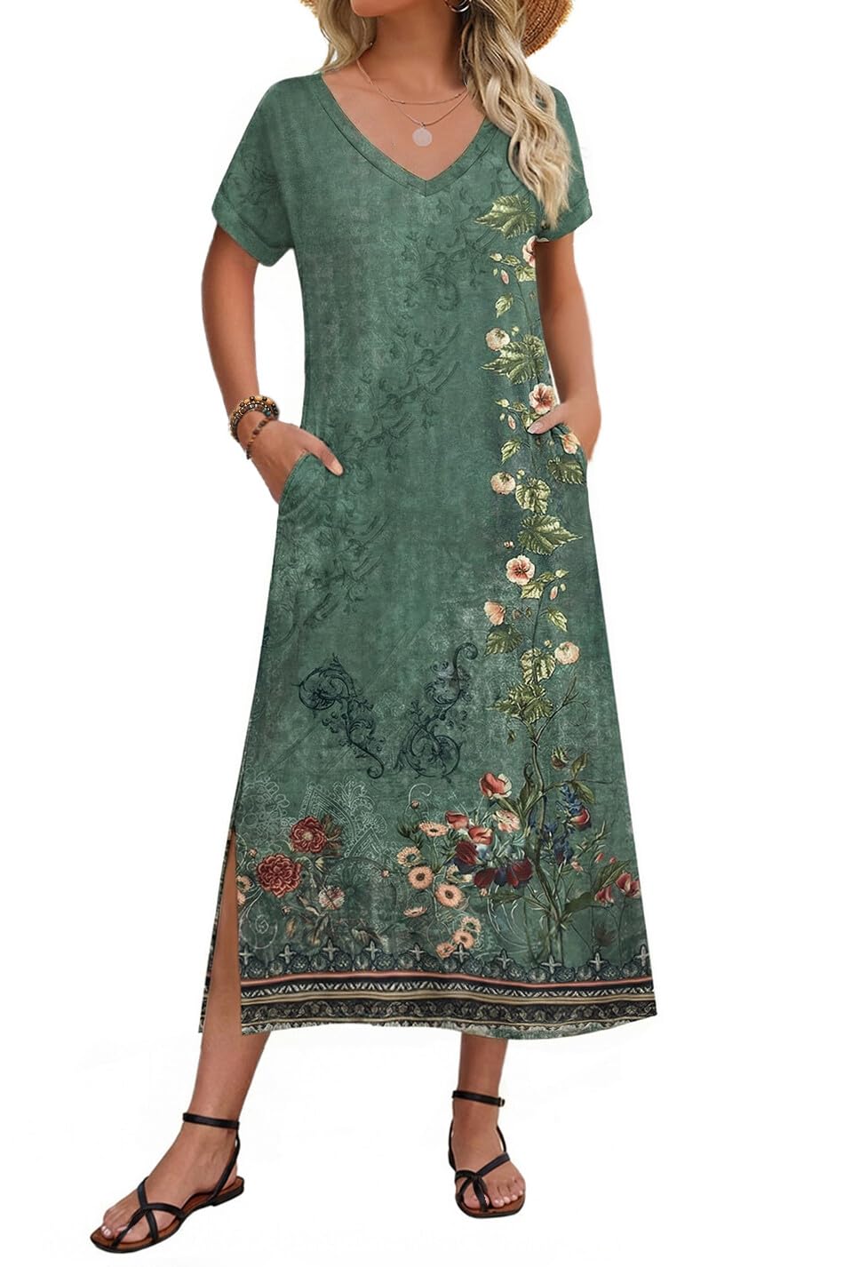 Zeagoo Women Summer Floral Dress Short Sleeve Beach Dress with Pockets Casual V-Neck Split Long T-Shirt Dress Travel Vacation