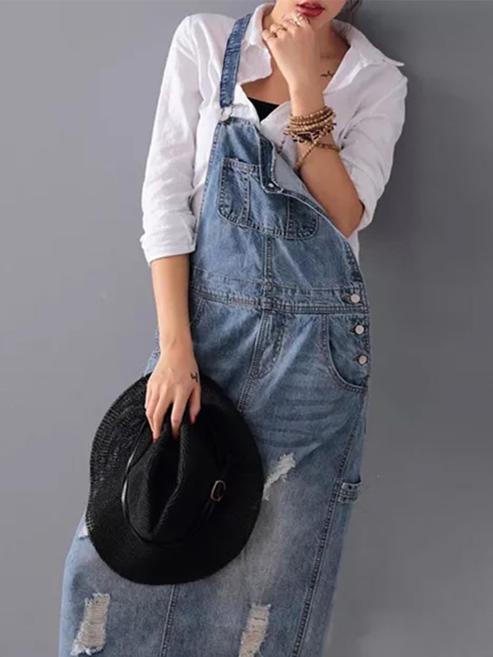 chouyatou Women's Adjustable Strap Distressed Denim Overall Dress A-Line Pinafore Jean Dress with Split