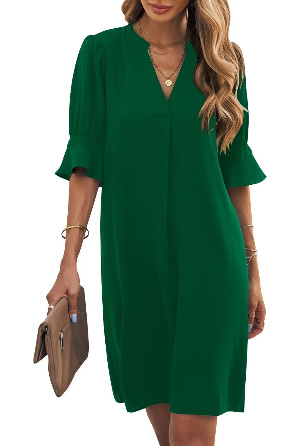 Wkior Womens Summer Ruffle Short Sleeve V Neck Shift Dress