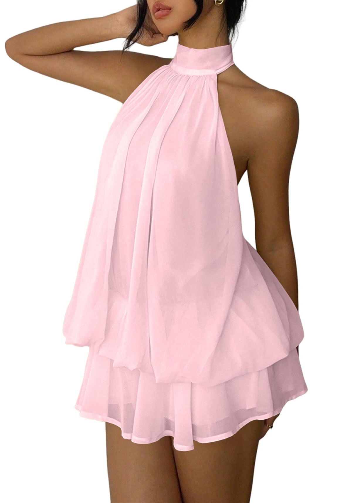 Women's Chiffon Halter Drop Waist Mini Dress Wedding Guest Dresses Ruffle Formal Holiday Club Brunch Outfits