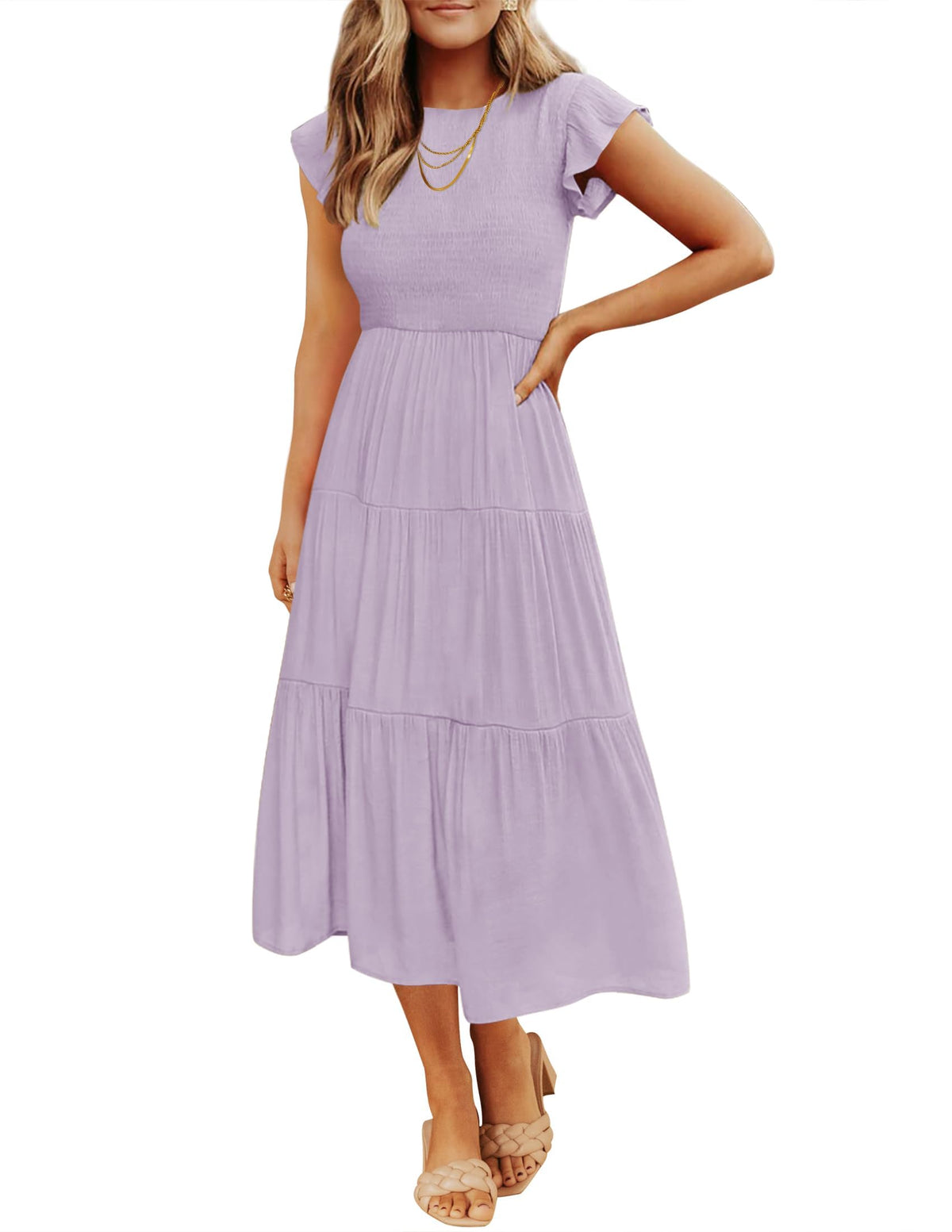 ZESICA Women's 2026 Summer Casual Flutter Short Sleeve Smocked Midi Dress