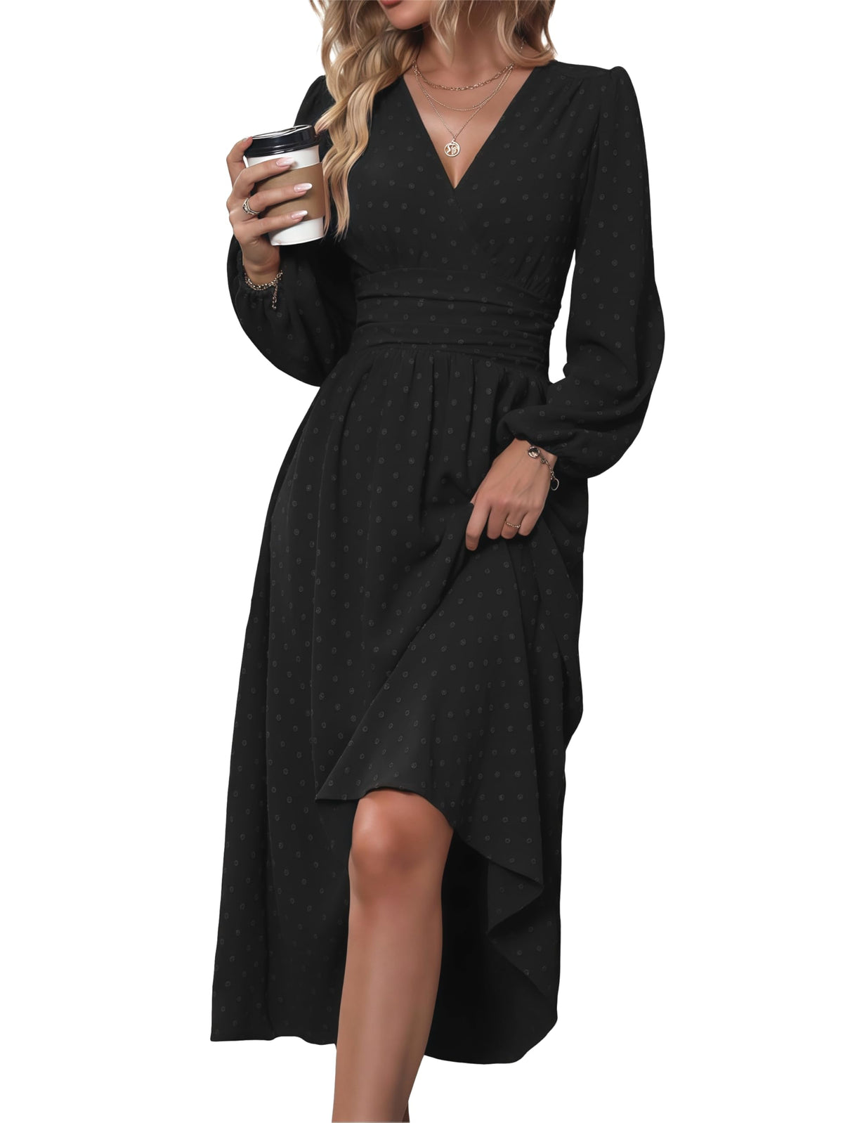 Mettclasi Women's Spring Fall Swiss Dot V-Neck Midi Dress Casual Puff Long Lantern Sleeve A-Line Flowy Wedding Guest Dress