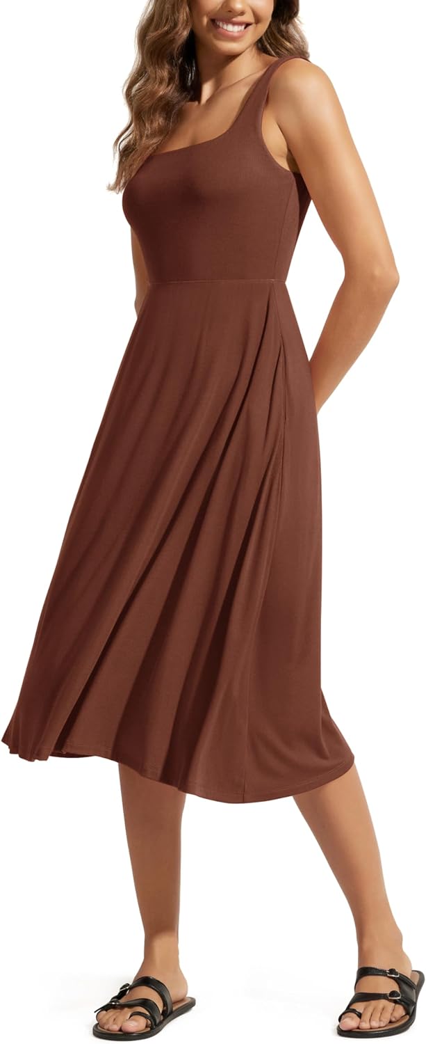 ODODOS Square Neck Midi Dress with Pockets for Women Summer Casual Sleeveless Sundress Flare Tank Dress