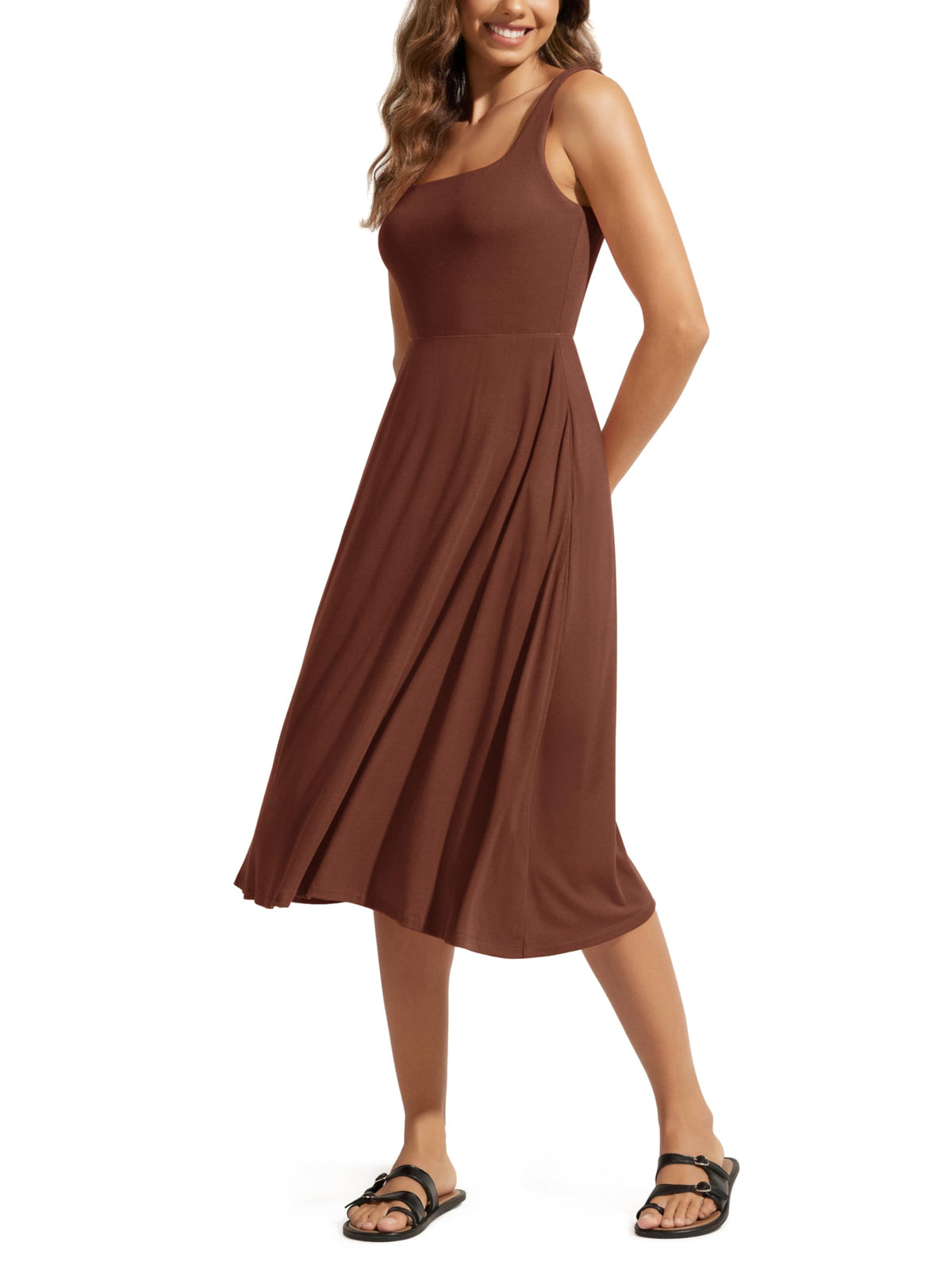 ODODOS Square Neck Midi Dress with Pockets for Women Summer Casual Sleeveless Sundress Flare Tank Dress