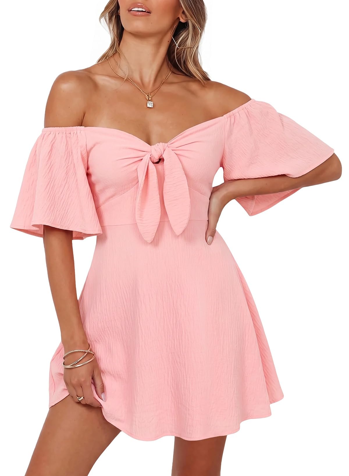 Dokotoo Womens Dresses 2026 Deep V Neck Elegant Bow tie Mini Dress S-XL