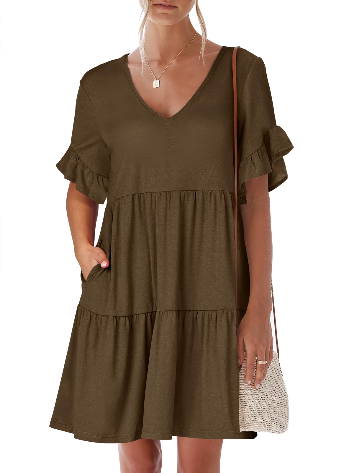 ANRABESS Dresses for Women Summer 2026 V Neck Ruffle Sleeve A Line Tiered Flowy Casual Trendy Mini Beach Dress with Pockets